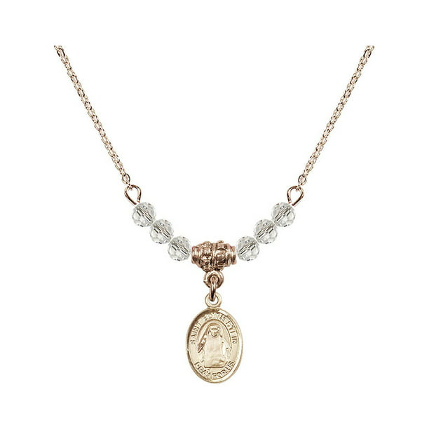Bonyak Jewelry 18 Inch Rhodium Plated Necklace w/ 6mm White April Birth Month Stone Beads and Saint Lidwina of Schiedam Charm 